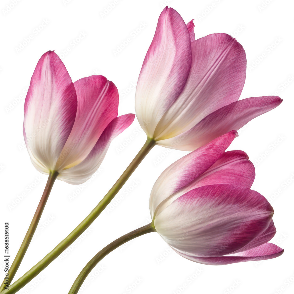 Fototapeta premium Three delicate pink and white tulips with green stems isolated on transparent background