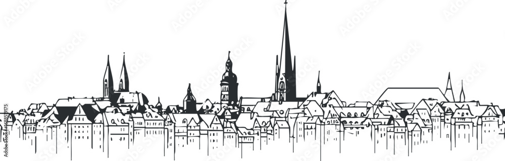 Fototapeta premium Black and white line art of a city skyline with various buildings and church spires in an urban setting