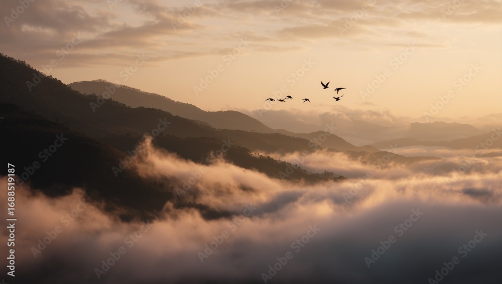 Distant sunrise over mountains with orange red sky and dramatic clouds, wide angle cinematic landscape view, flying bird above black hills, white fog and glowing horizon creating mysterious atmosphere Distant sunrise over mountains with orange red sky and dramatic clouds, wide angle cinematic landscape view, flying bird above black hills, white fog and glowing horizon creating mysterious atmosphere