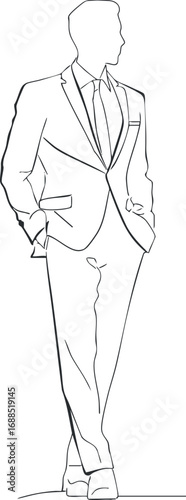 Outline drawing of a man standing confidently in a formal business suit with hands in pockets