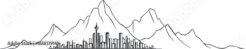 Black and white line drawing of a city skyline with tall buildings set against a mountain range background.