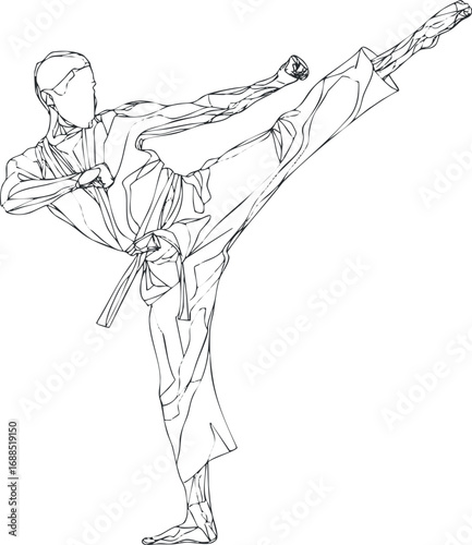Line art illustration of a martial artist performing a high kick in traditional gi uniform
