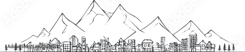 Black and white line art of a city skyline with various buildings set against a backdrop of tall mountains and scattered trees.