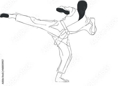 Line art of a woman performing a high martial arts kick in a karate uniform with a white belt