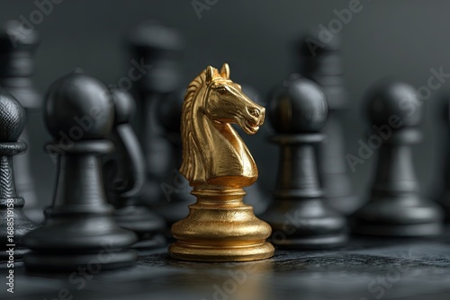 A golden knight chess piece stands out amongst a row of matte black pawns, suggesting leadership, strategy, or uniqueness