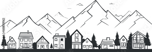 Black and white line art of a mountain village with various houses and pine trees under tall mountain peaks