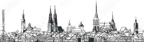Black and white line art illustration of a historic city skyline with various church spires and rooftops