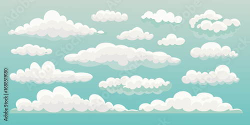 Collection of fluffy white cartoon clouds scattered across a bright blue sky background