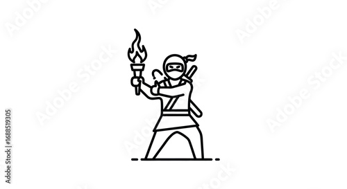 Stylized Line Art of a Ninja Holding a Flaming Torch.