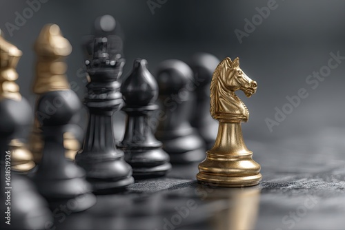 A golden knight chess piece stands prominently before a row of black pieces on a dark surface, suggesting leadership or strategic advantage