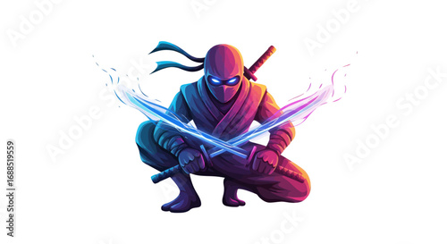 Crouching ninja warrior with crossed glowing blue and pink energy swords.
