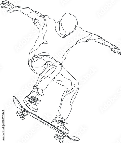 Line art illustration of a skateboarder performing a trick mid-air on a skateboard in action