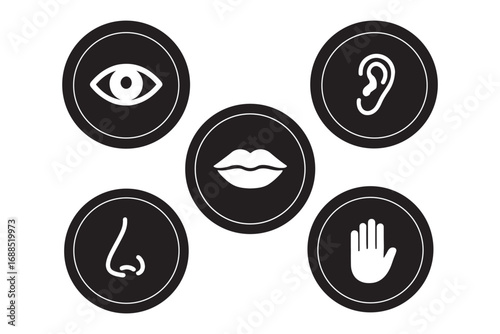 Human senses icon set. Vision eye, smell nose, hearing ear, touch hand, taste mouth with tongue. Simple line icons and black circle. Five senses of human nervous system