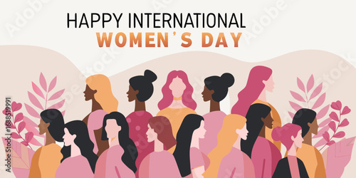 Happy international womens day illustration with diverse women and floral elements in soft colors