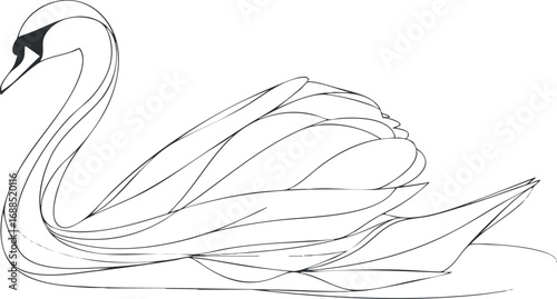 Minimalist line art illustration of a graceful swan floating serenely on water with elegant feathers.