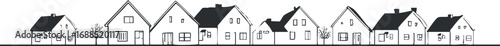 Black and white line drawing of a row of residential houses with trees in a neighborhood street scene