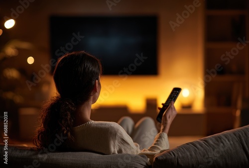 Woman sits on a couch in a dimly lit room, watching a TV screen, holding a remote control, seen from behind, relaxed, and enjoying her leisure time