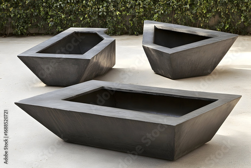Geometric concrete planters with unique shapes and textures in o