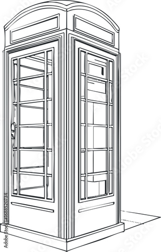 Line art illustration of a classic phone booth with glass panels and detailed frame isolated on white background.