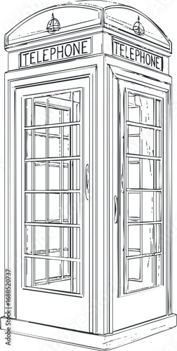 Line art illustration of a classic telephone booth with glass doors and detailed frame structure
