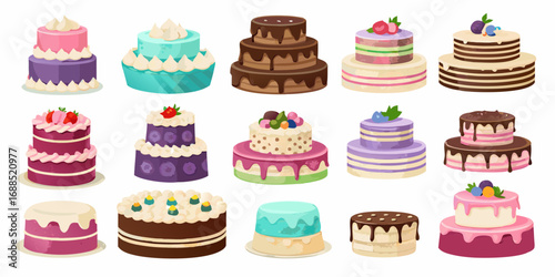 Collection of delicious and colorful layered cakes with various decorations and frostings