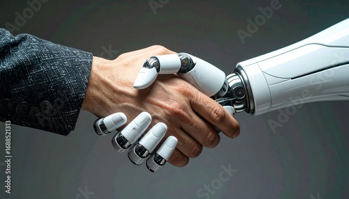Human and Artificial Intelligence A handshake representing partnership and collaboration in future