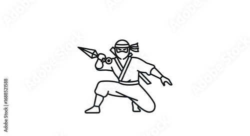 Line Art Illustration of a Ninja Warrior with Throwing Stars.
