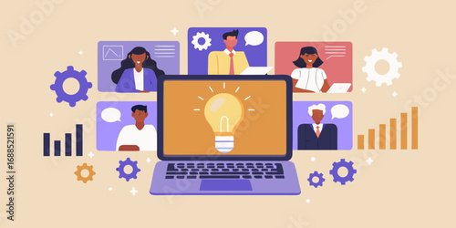 Diverse team collaborating remotely on a project with a bright idea symbolized by a lightbulb on a laptop screen