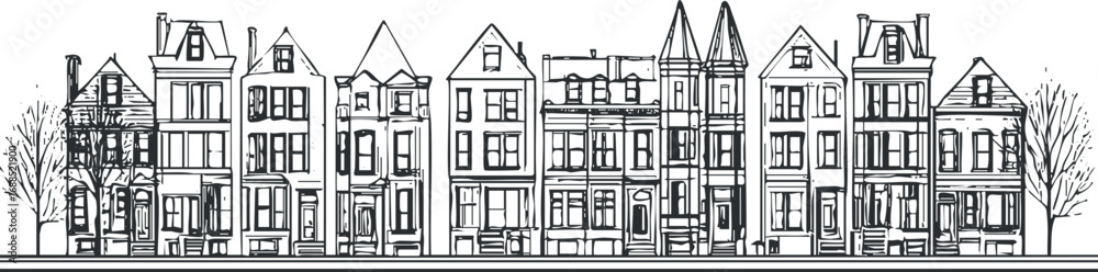 Fototapeta premium Black and white line drawing of a row of diverse townhouses forming an urban residential street facade