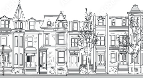 Black and white line art illustration of a row of historic townhouses with detailed facades and trees