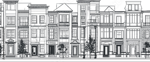 Black and white line drawing of a row of multistory townhouses with detailed architectural features and urban street elements