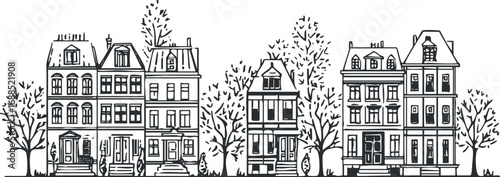 Black and white line art illustration of vintage row houses with trees in an urban residential neighborhood.