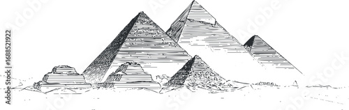Black and white sketch of the ancient Egyptian pyramids showing their historic architecture and desert setting.