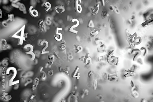 A grayscale abstract image depicting numerous three-dimensional numbers floating and overlapping against a blurred background, creating a sense of depth and movement