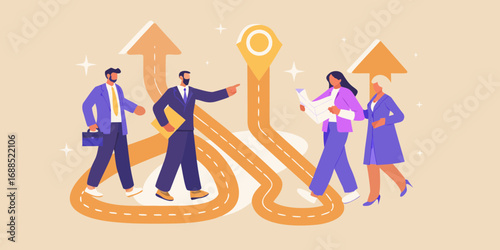 Diverse business people navigating complex paths and making decisions towards success and future goals