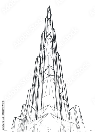 Detailed line drawing of a modern skyscraper building with pointed spire in vertical perspective