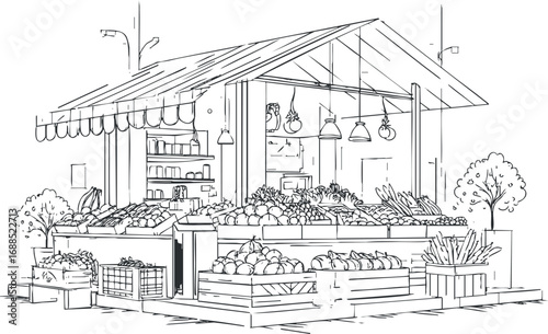 Line art illustration of an outdoor market stall selling fresh fruits and vegetables with wooden crates and canopy