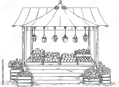 Black and white line drawing of a market stall displaying fresh fruits and vegetables in wooden crates and hanging baskets