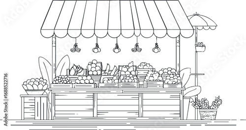 Black and white line art of an outdoor market fruit and vegetable stall with baskets and crates under a canopy