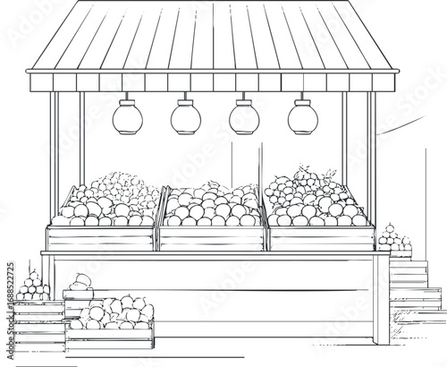 Black and white line drawing of a fruit stall with crates of fresh produce under hanging lights in a market setting.