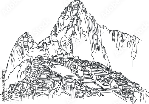 Black and white line drawing of Machu Picchu ancient ruins with mountain backdrop, representing historical Inca site and cultural heritage.
