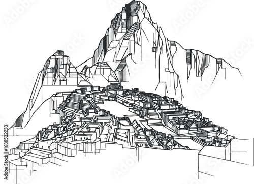 Black and white line drawing of ancient mountain ruins depicting historic stone structures and terraces in a mountainous landscape.