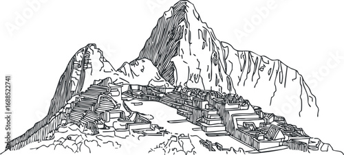 Black and white line drawing of Machu Picchu ruins with mountains in the background, showcasing ancient Inca architecture.