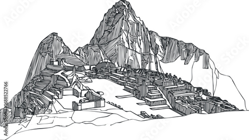 Black and white line drawing of Machu Picchu ancient Inca ruins situated in the Andes mountains of Peru