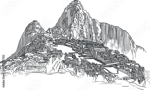 Black and white line drawing of Machu Picchu ancient Inca ruins set in the mountains, showcasing historic terraces and structures.
