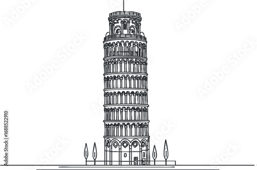 Line art drawing of the Leaning Tower of Pisa, an iconic historic landmark in Italy.
