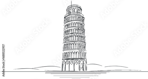 Black and white line drawing of the Leaning Tower of Pisa, a famous historic landmark in Italy.