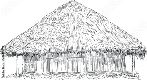 Hand-drawn black and white illustration of a traditional round hut with a thick thatched roof and wooden walls, typical of rural and tropical architecture.