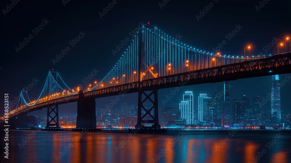 Naklejka premium Bridge over a river with lights on it