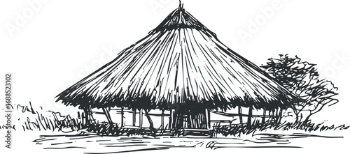 Hand drawn sketch of a traditional thatched hut with a large grass roof in a rural countryside setting surrounded by trees and grassland.